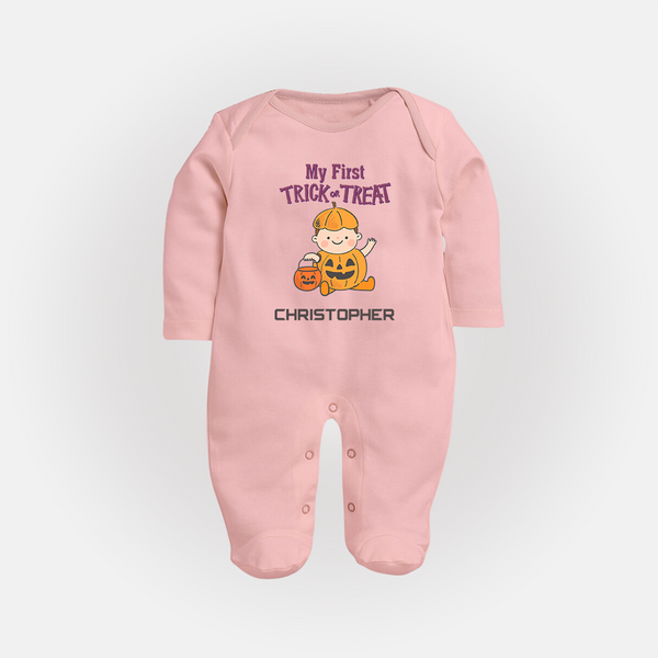 My First Mini Pumpkin Sleep Suit | Personalized Baby Sleep Suit for Halloween Celebration - BABY PINK - New Born (Chest 7.5")