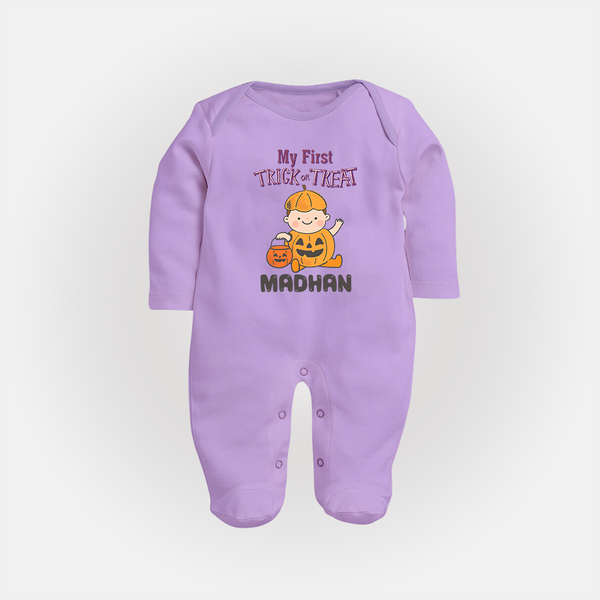 My First Trick Or Treat Pumpkin Print Baby Full Body Suit  - LILAC - New Born (Chest 7.5")