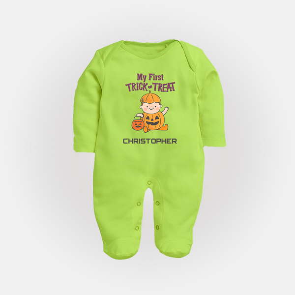 My First Mini Pumpkin Sleep Suit | Personalized Baby Sleep Suit for Halloween Celebration - LIME GREEN - New Born (Chest 7.5")