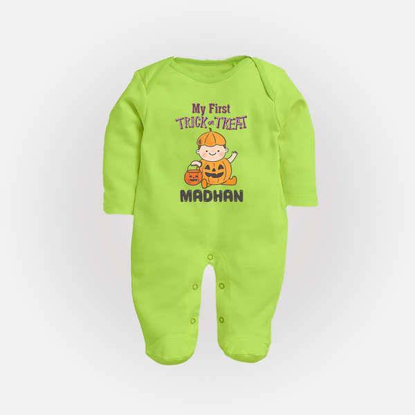 My First Trick Or Treat Pumpkin Print Baby Full Body Suit  - LIME GREEN - New Born (Chest 7.5")