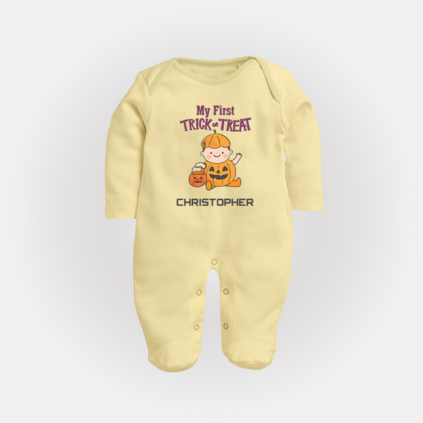 My First Mini Pumpkin Sleep Suit | Personalized Baby Sleep Suit for Halloween Celebration - PASTEL YELLOW - New Born (Chest 7.5")