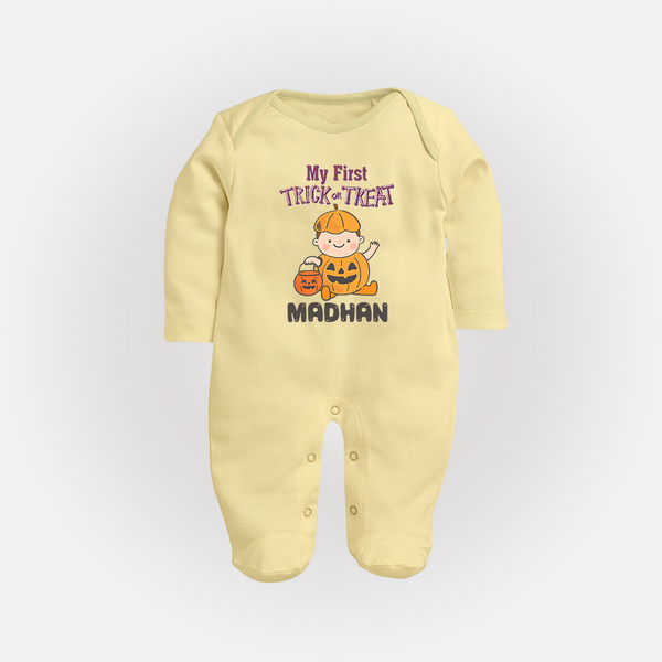 My First Trick Or Treat Pumpkin Print Baby Full Body Suit  - PASTEL YELLOW - New Born (Chest 7.5")