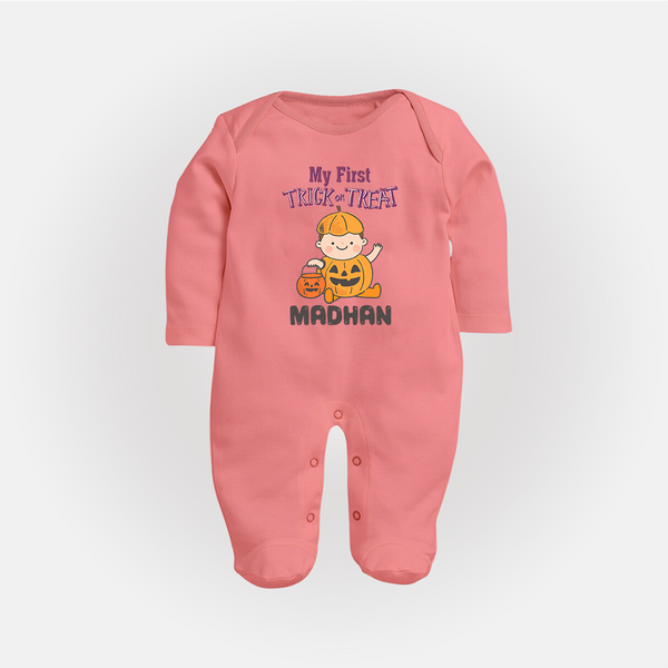 My First Trick Or Treat Pumpkin Print Baby Full Body Suit  - PEACH - New Born (Chest 7.5")