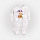My First Mini Pumpkin Sleep Suit | Personalized Baby Sleep Suit for Halloween Celebration - WHITE - New Born (Chest 7.5")