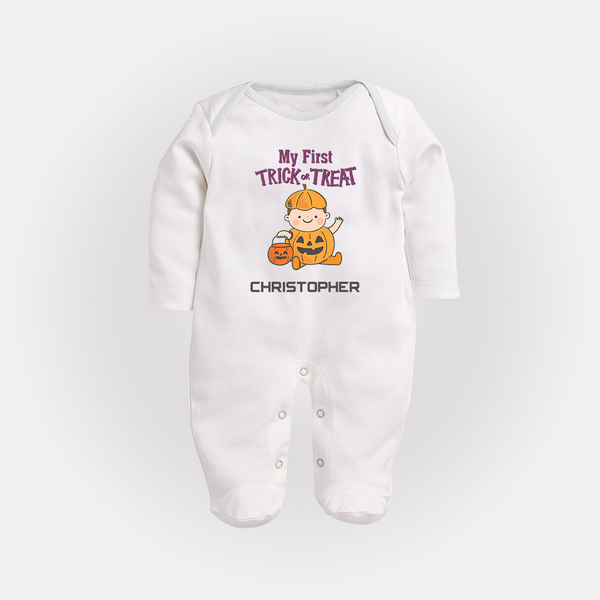 My First Mini Pumpkin Sleep Suit | Personalized Baby Sleep Suit for Halloween Celebration - WHITE - New Born (Chest 7.5")