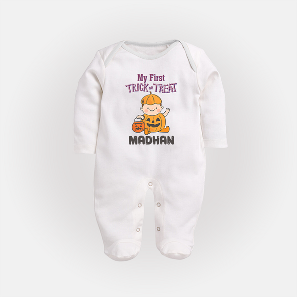 My First Trick Or Treat Pumpkin Print Baby Full Body Suit  - WHITE - New Born (Chest 7.5")