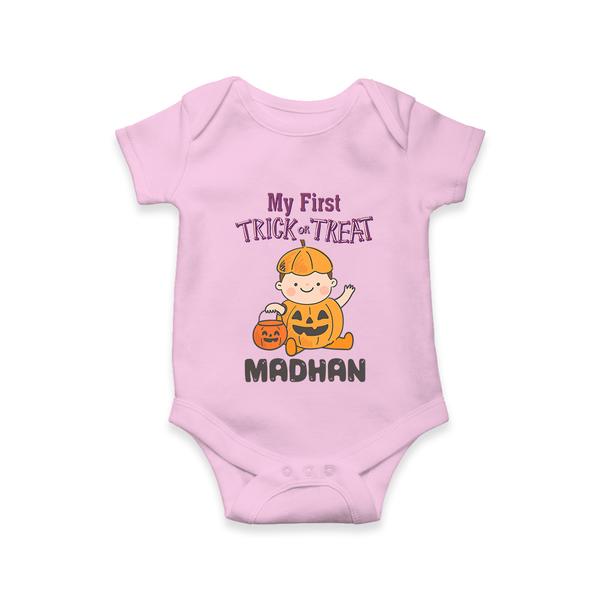 My First Trick Or Treat Pumpkin Print Baby Romper   - BABY PINK - New Born (Chest 14")