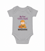 My First Trick Or Treat Pumpkin Print Baby Romper   - GREY - New Born (Chest 14")