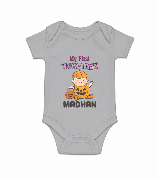 My First Trick Or Treat Pumpkin Print Baby Romper   - GREY - New Born (Chest 14")