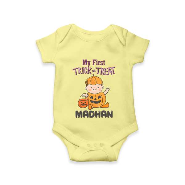 My First Trick Or Treat Pumpkin Print Baby Romper   - PASTEL YELLOW - New Born (Chest 14")