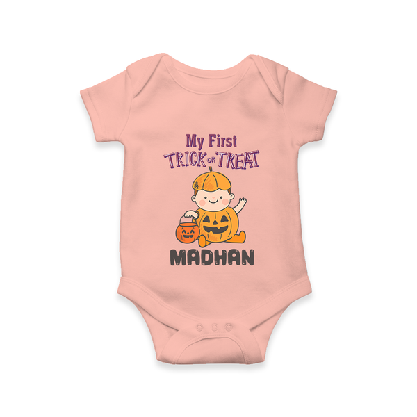My First Trick Or Treat Pumpkin Print Baby Romper   - PEACH - New Born (Chest 14")