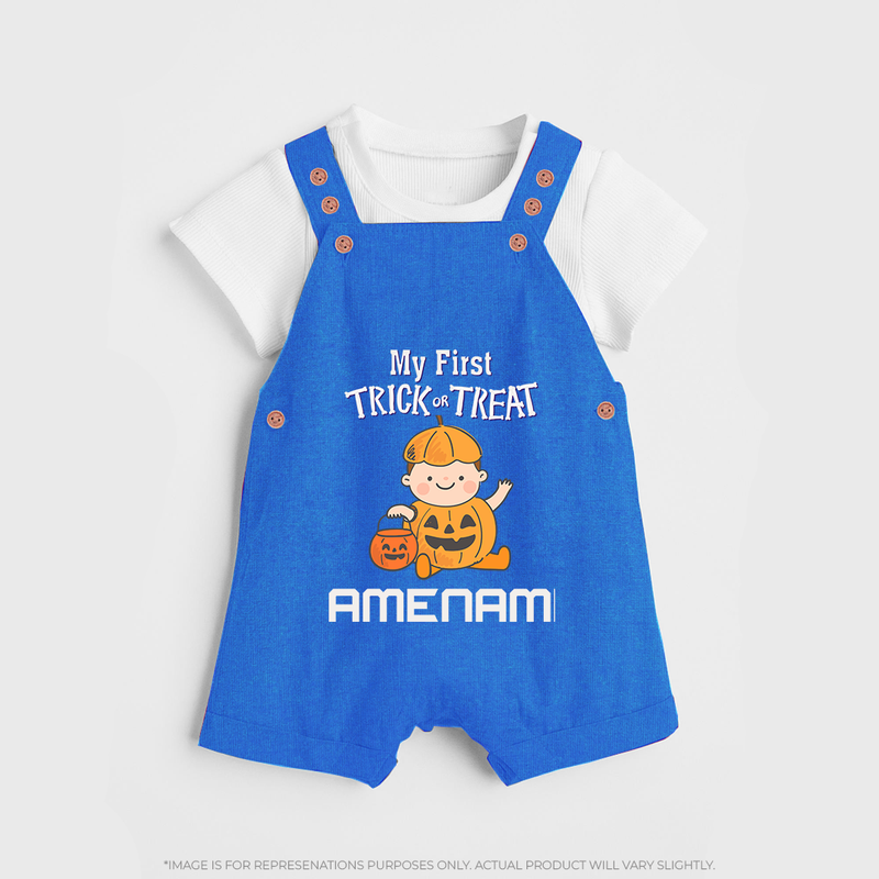 My First Mini Pumpkin Dungaree Set | Personalized Baby Dungaree Set for Halloween Celebration - COBALT BLUE - 0 - 5 Months Old (Chest 18")