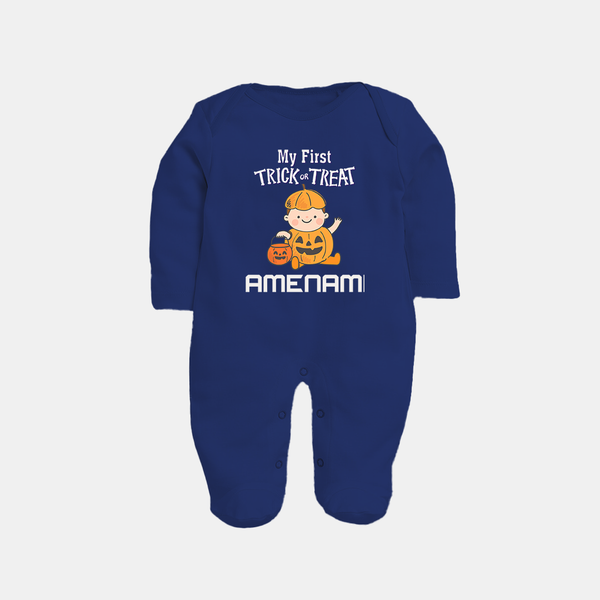 My First Mini Pumpkin Sleep Suit | Personalized Baby Sleep Suit for Halloween Celebration - NAVY BLUE - New Born (Chest 7.5")