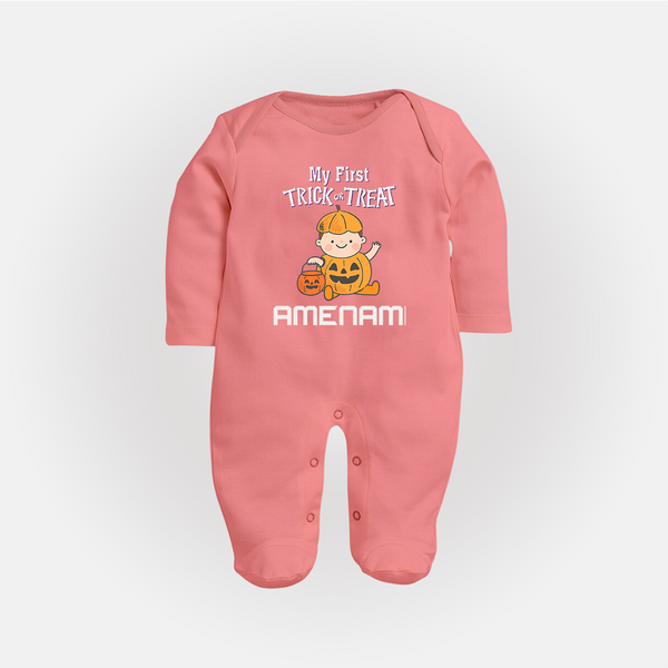 My First Mini Pumpkin Sleep Suit | Personalized Baby Sleep Suit for Halloween Celebration - PEACH - New Born (Chest 7.5")