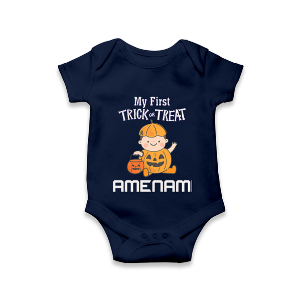 My First Mini Pumpkin Romper | Personalized Baby Romper for Halloween Celebration - NAVY BLUE - New Born (Chest 14")