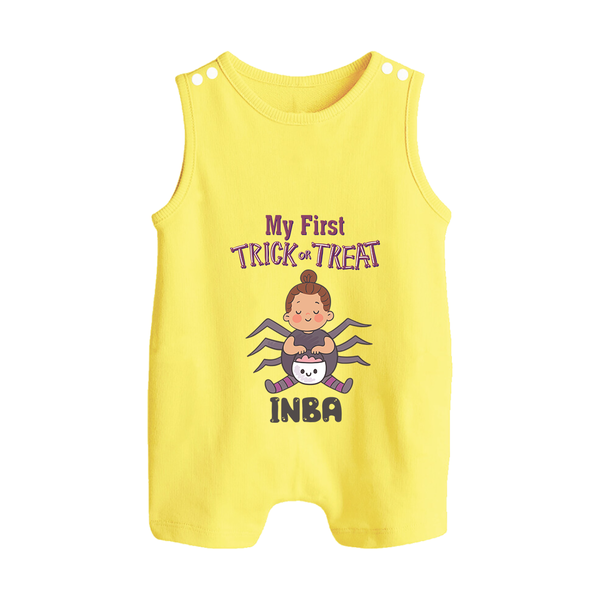 My First Spider Trick Or Treat Print Baby Button Romper  - PASTEL YELLOW - New Born (Chest 18")