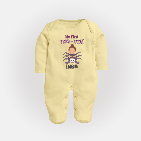 My First Spider Trick Or Treat Print Baby Full Body Suit  - PASTEL YELLOW - New Born (Chest 7.5")