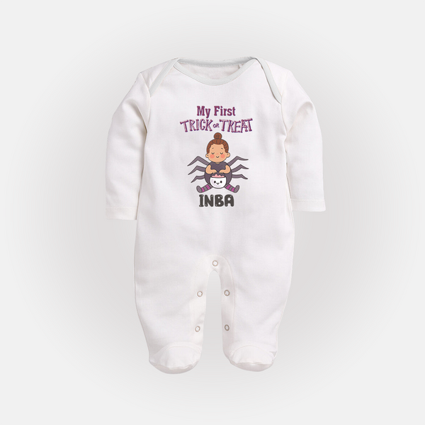 My First Spider Trick Or Treat Print Baby Full Body Suit  - WHITE - New Born (Chest 7.5")