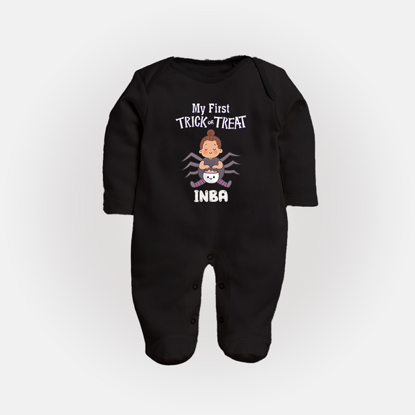 My First Spider Trick Or Treat Print Baby Full Body Suit  - BLACK - New Born (Chest 7.5")