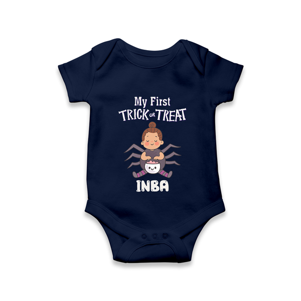My First Spider Trick Or Treat Print Baby Romper   - NAVY BLUE - New Born (Chest 14")