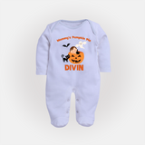 Mommy's Pumpkin Pie Sleep Suit | Personalized Baby Sleep Suit for Halloween - BABY BLUE - New Born (Chest 7.5")