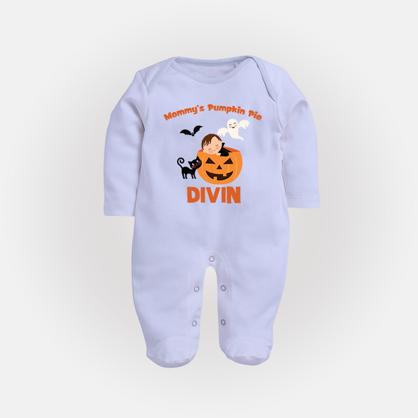 Mommy's Pumpkin Pie Sleep Suit | Personalized Baby Sleep Suit for Halloween - BABY BLUE - New Born (Chest 7.5")