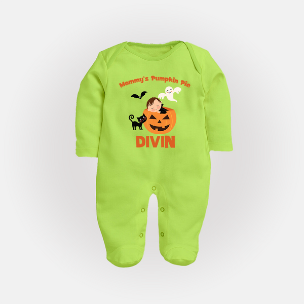 Mommy's Pumpkin Pie Sleep Suit | Personalized Baby Sleep Suit for Halloween - LIME GREEN - New Born (Chest 7.5")