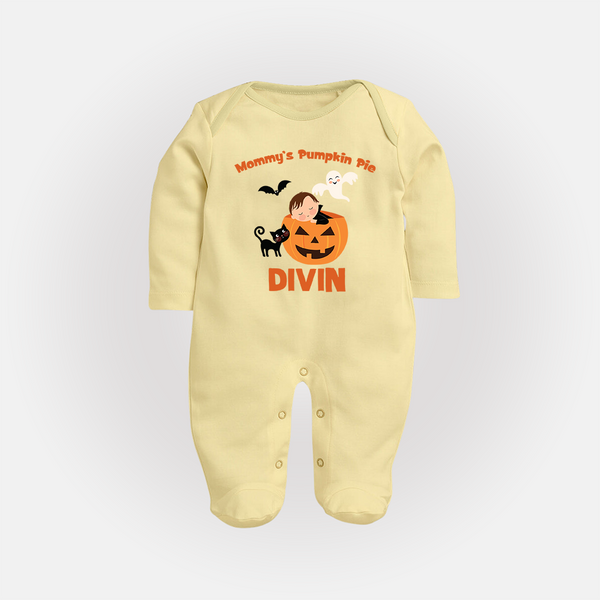 Mommy's Pumpkin Pie Sleep Suit | Personalized Baby Sleep Suit for Halloween - PASTEL YELLOW - New Born (Chest 7.5")