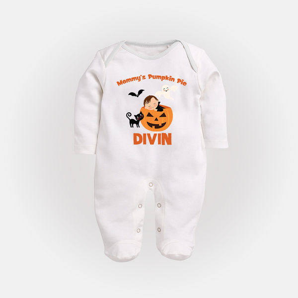 Mommy's Pumpkin Pie Sleep Suit | Personalized Baby Sleep Suit for Halloween - WHITE - New Born (Chest 7.5")