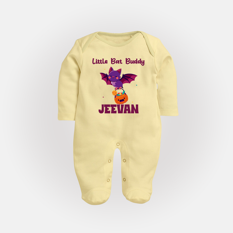 Little Bat Buddy Sleep Suit | Custom Baby Sleep Suit for Spooky Fun - PASTEL YELLOW - New Born (Chest 7.5")