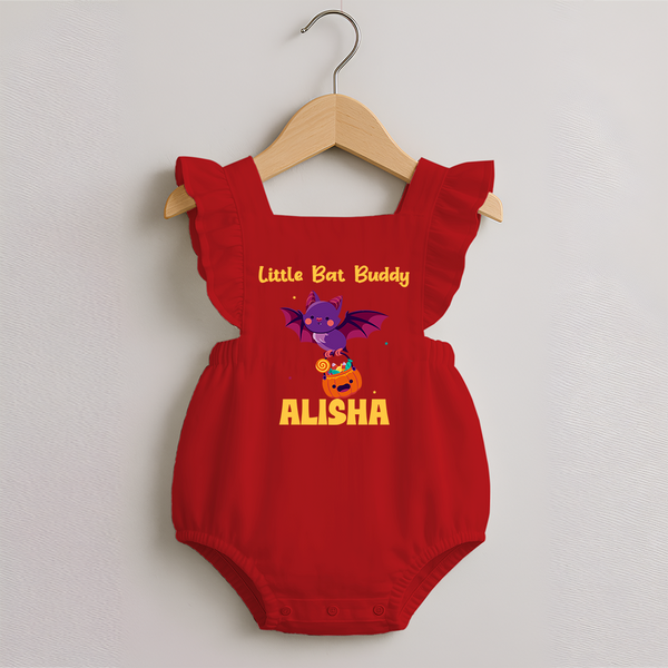 Little Bat Buddy Romper Frock | Custom Baby Romper Frock for Spooky Fun - RED - 0 - 3 Months Old (Chest 19")
