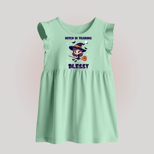 Witch in Training Baby Frock | Personalized Baby Frock for Halloween Festivities - MINT GREEN - 0 - 3 Months Old (Chest 17")