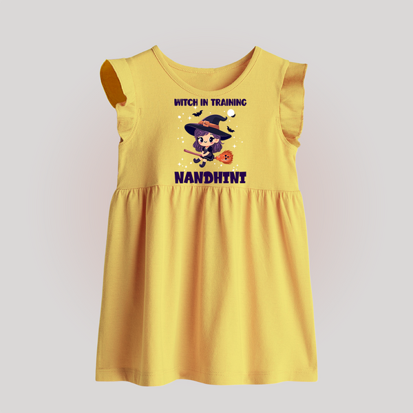 Witch In Training Print Baby Baby Frock  - PASTEL YELLOW - 0 - 3 Months Old (Chest 17")