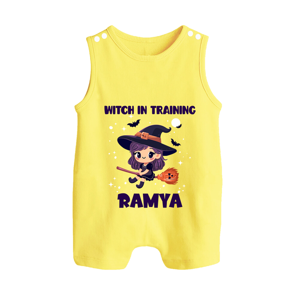 Witch In Training Print Baby Button Romper  - PASTEL YELLOW - New Born (Chest 18")