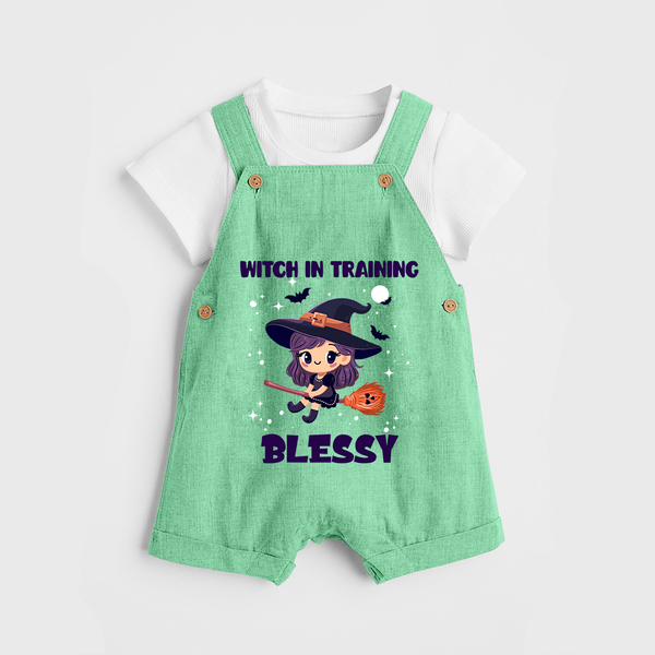 Witch in Training Dungaree Set | Personalized Baby Dungaree Set for Halloween Festivities - GREEN - 0 - 5 Months Old (Chest 18")