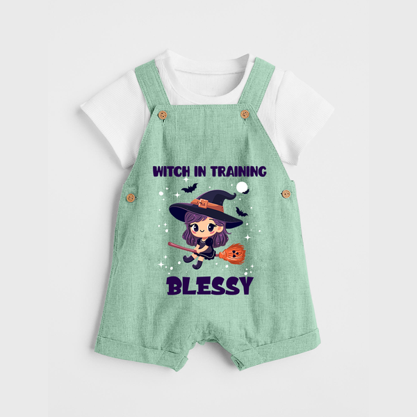 Witch in Training Dungaree Set | Personalized Baby Dungaree Set for Halloween Festivities - MINT GREEN - 0 - 5 Months Old (Chest 18")