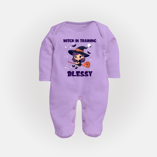 Witch in Training Sleep Suit | Personalized Baby Sleep Suit for Halloween Festivities - LILAC - New Born (Chest 7.5")