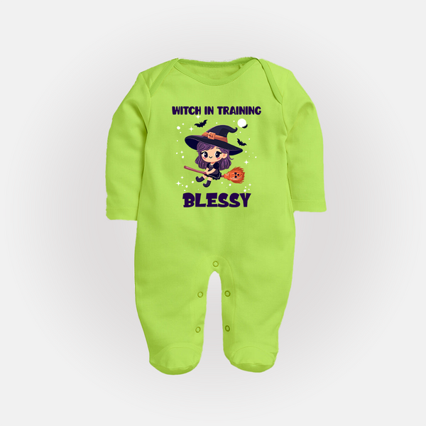 Witch in Training Sleep Suit | Personalized Baby Sleep Suit for Halloween Festivities - LIME GREEN - New Born (Chest 7.5")
