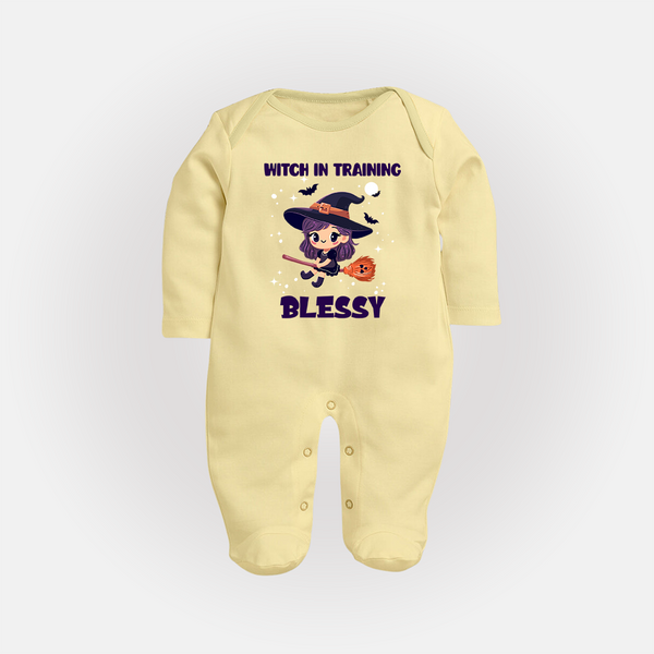 Witch in Training Sleep Suit | Personalized Baby Sleep Suit for Halloween Festivities - PASTEL YELLOW - New Born (Chest 7.5")