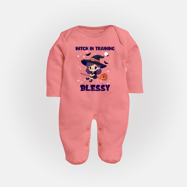 Witch in Training Sleep Suit | Personalized Baby Sleep Suit for Halloween Festivities - PEACH - New Born (Chest 7.5")
