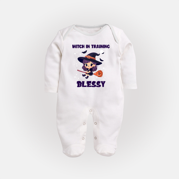 Witch in Training Sleep Suit | Personalized Baby Sleep Suit for Halloween Festivities - WHITE - New Born (Chest 7.5")