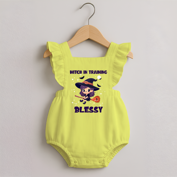 Witch in Training Romper Frock | Personalized Baby Romper Frock for Halloween Festivities - PASTEL YELLOW - 0 - 3 Months Old (Chest 19")