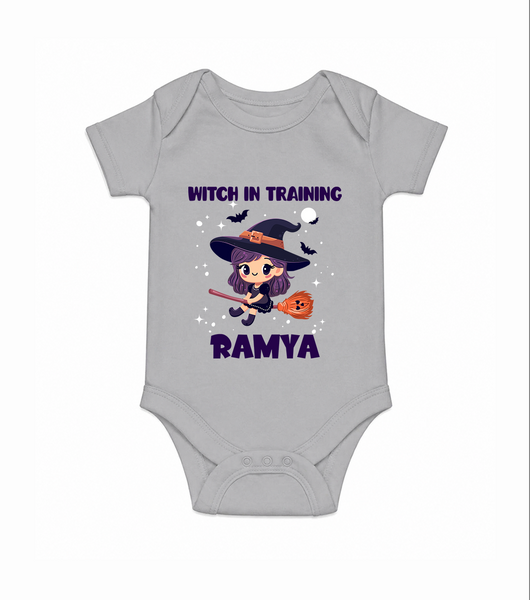 Witch In Training Print Baby Romper   - GREY - New Born (Chest 14")
