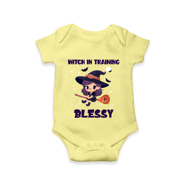 Witch in Training Romper | Personalized Baby Romper for Halloween Festivities - PASTEL YELLOW - New Born (Chest 14")