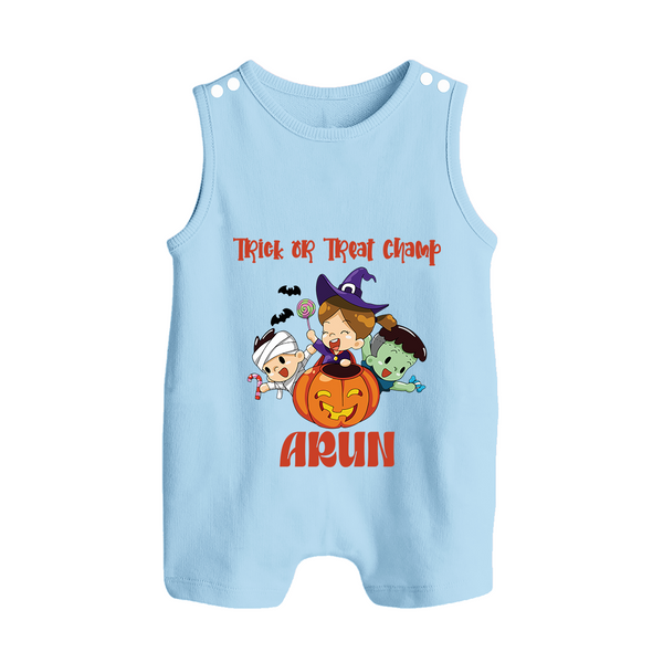 Trick Or Treat Camp Print Baby Button Romper  - BABY BLUE - New Born (Chest 18")