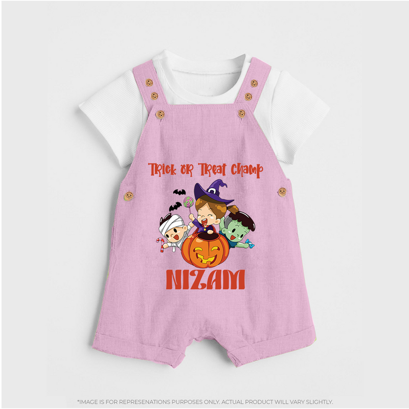 Trick or Treat Champ Dungaree Set | Custom Baby Dungaree Set for Little Halloween Stars - BABY PINK - 0 - 5 Months Old (Chest 18")