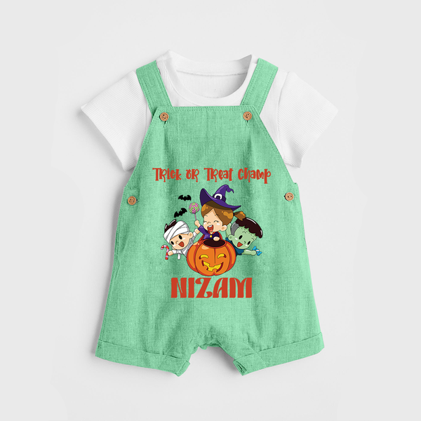 Trick or Treat Champ Dungaree Set | Custom Baby Dungaree Set for Little Halloween Stars - GREEN - 0 - 5 Months Old (Chest 18")