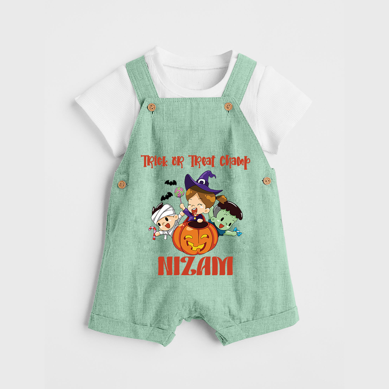 Trick or Treat Champ Dungaree Set | Custom Baby Dungaree Set for Little Halloween Stars - MINT GREEN - 0 - 5 Months Old (Chest 18")