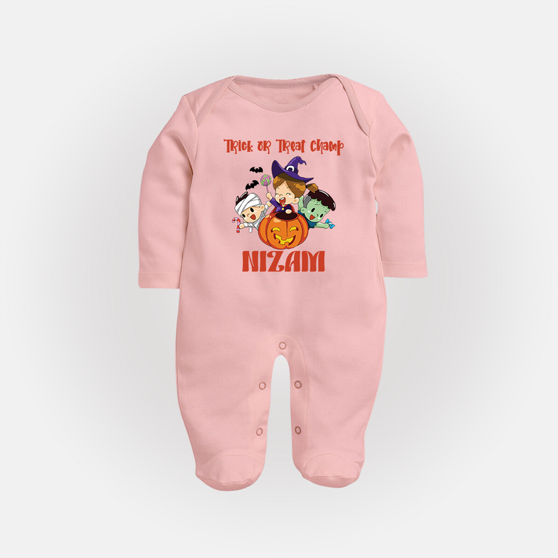 Trick or Treat Champ Sleep Suit | Custom Baby Sleep Suit for Little Halloween Stars - BABY PINK - New Born (Chest 7.5")
