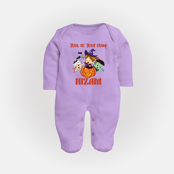 Trick or Treat Champ Sleep Suit | Custom Baby Sleep Suit for Little Halloween Stars - LILAC - New Born (Chest 7.5")